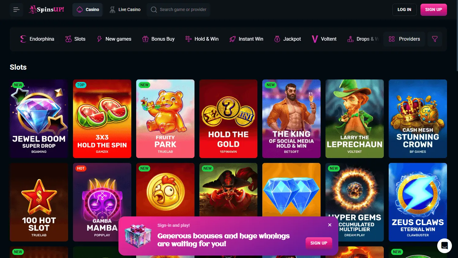 Spinsup Casino games screen on desktop