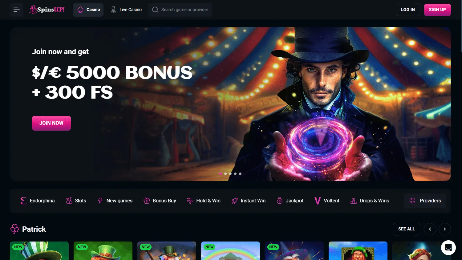 Spinsup Casino home screen on desktop