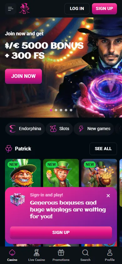 Spinsup Casino home screen on a mobile device
