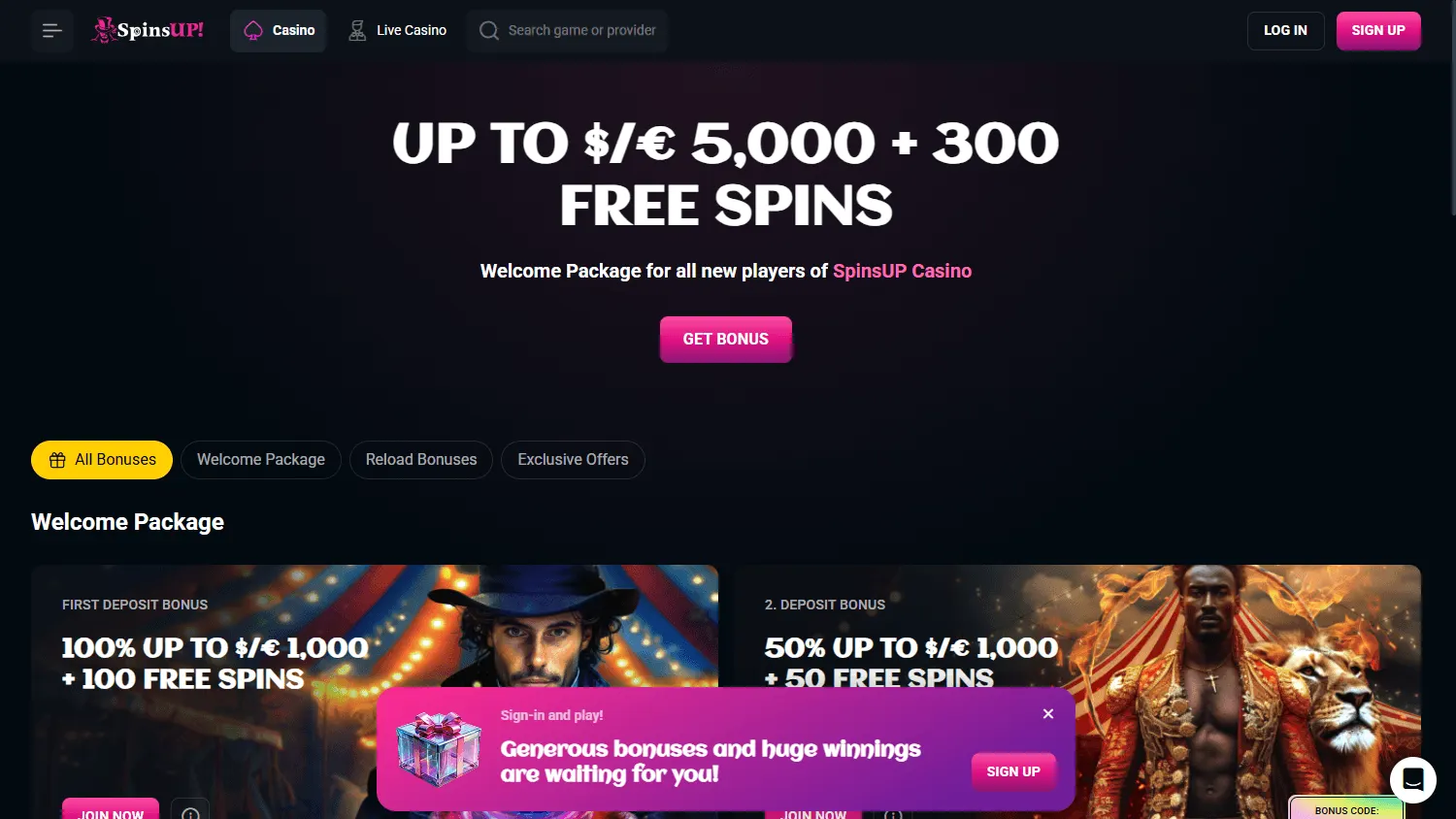 Spinsup Casino promotions screen on desktop