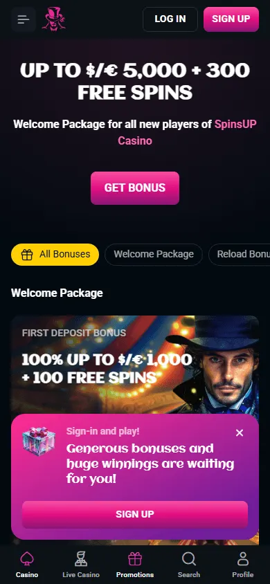 Spinsup Casino promotions screen on a mobile device